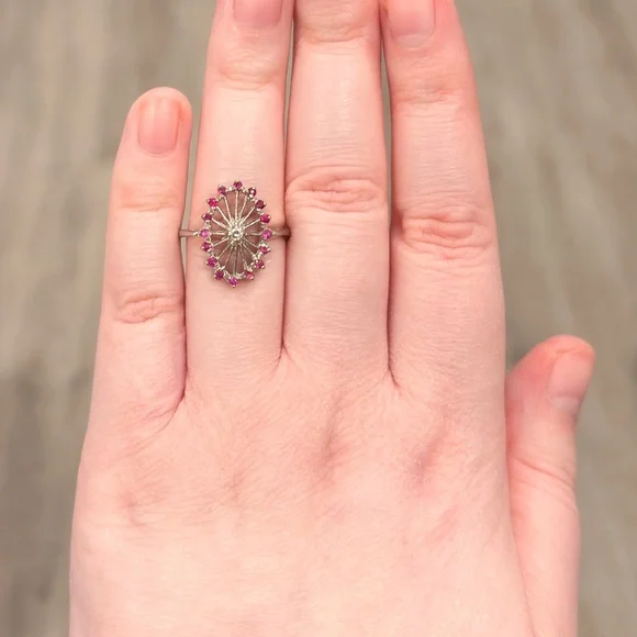 Vintage 14K PSCO Natural Ruby Diamond Ring Art Nouveau Size 7 Filigree Starburst - Picture 4 of 16